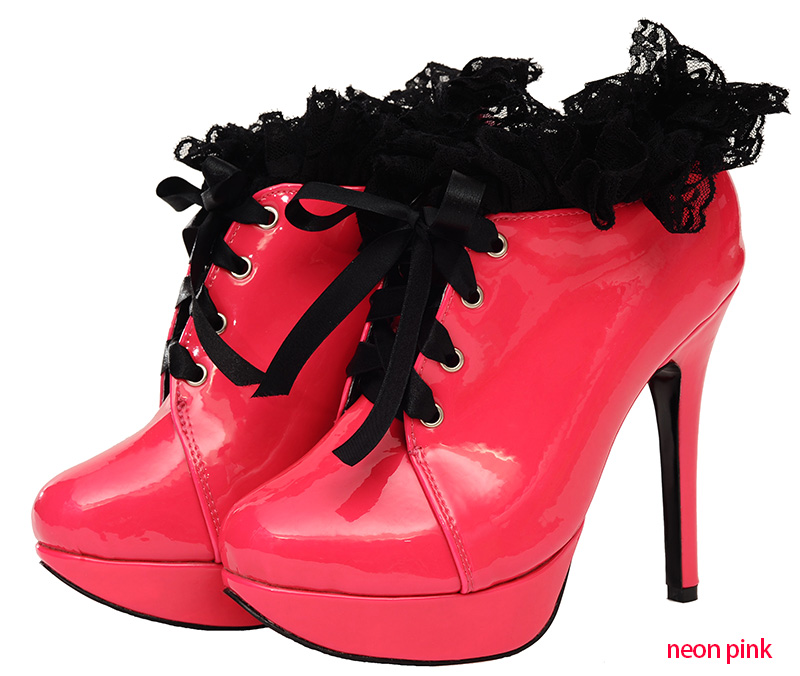ftw frilly maid shoes neon pink with black lace 2